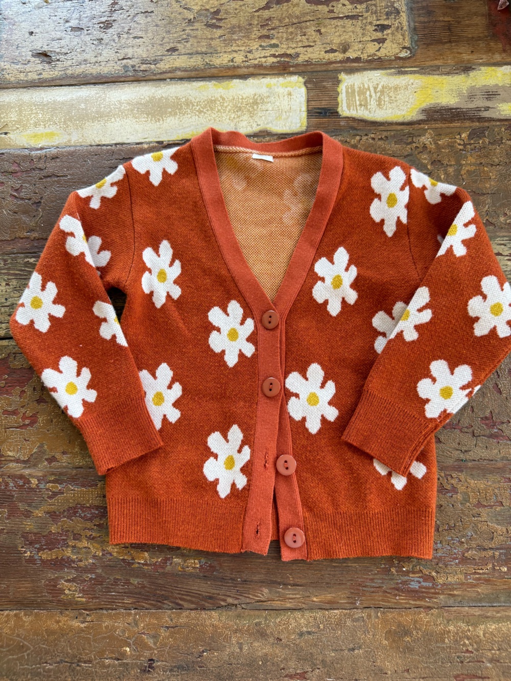 Kids Girls Rust Orange Floral Knit Cardigan Sweater Daisy Flower Fall Winter 4T